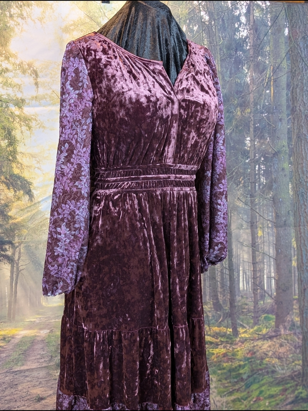 FRYE AND CO. Crushed Velvet Midi Dress Women’s Large Purple Boho Romantic Cottag
